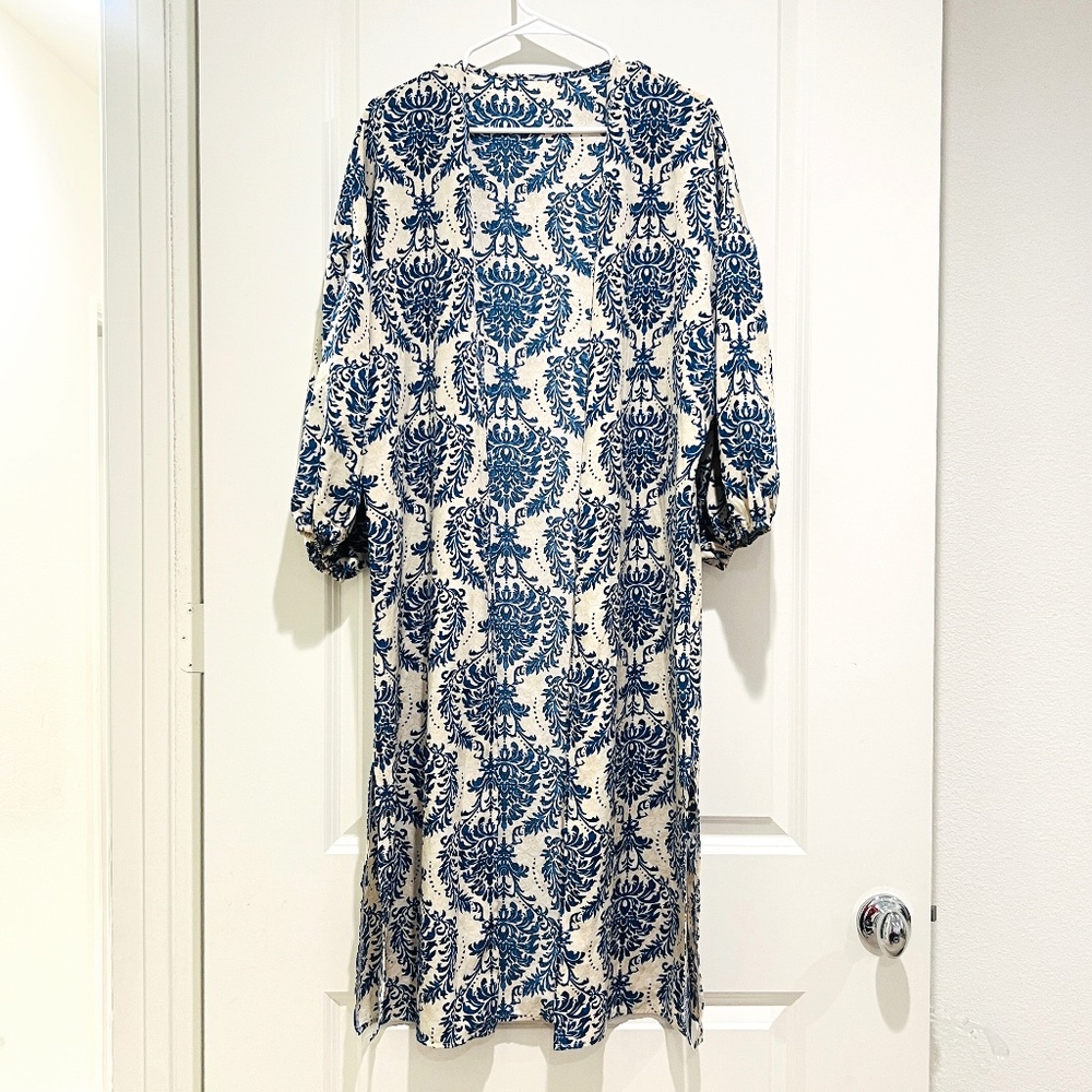Blue Damask Floral Maxi Duster Coat Open Front Kaftan S Boho beach resort vacay